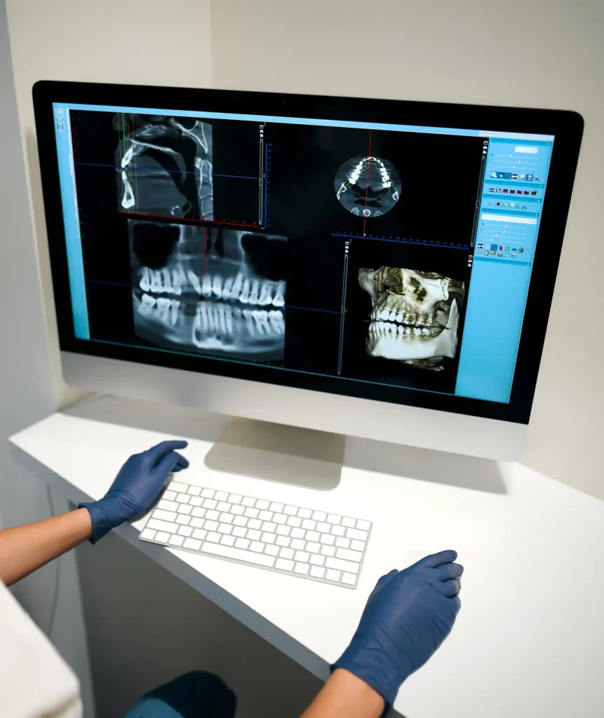 Gloved dental professional reviewing multi-angle CBCT and OPG jaw scans on a large computer screen