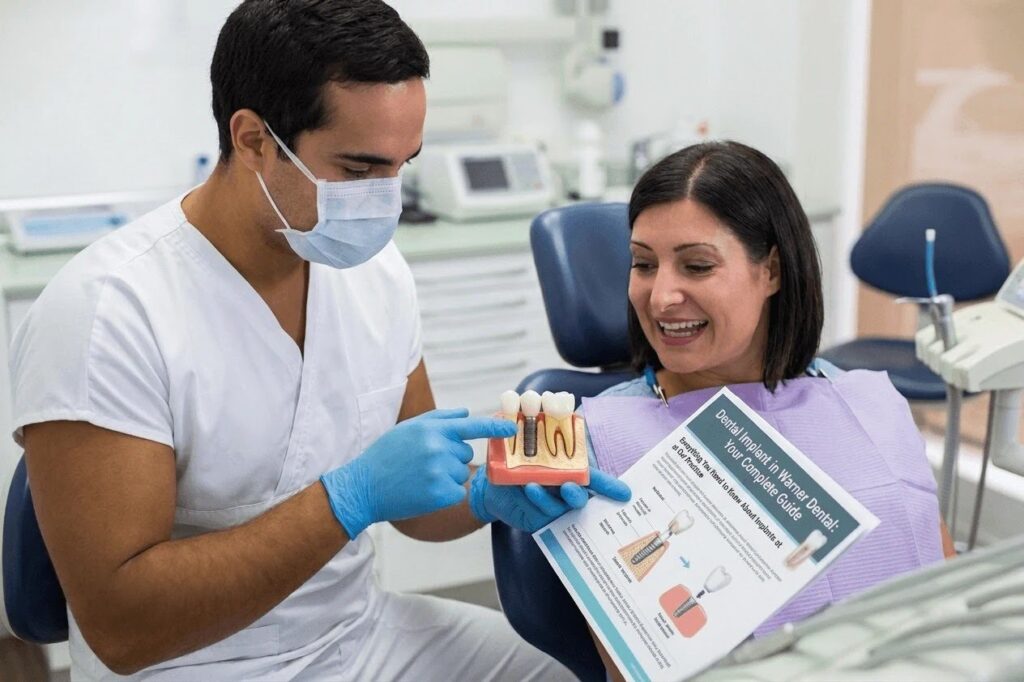 A dentist in scrubs and gloves explaining a dental implant procedure to a female patient, holding a model of a dental implant