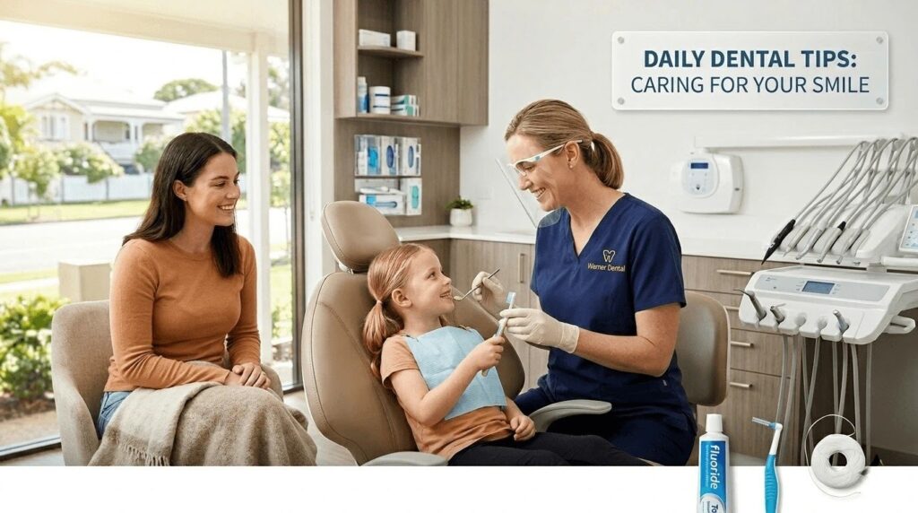 A friendly dentist performing a routine check-up on a young patient, demonstrating professional dental health care and tips