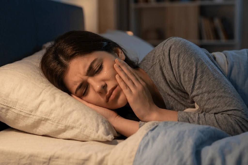 A woman lying in bed at night, looking distressed and holding her cheek in pain, indicating symptoms of a painful toothache.