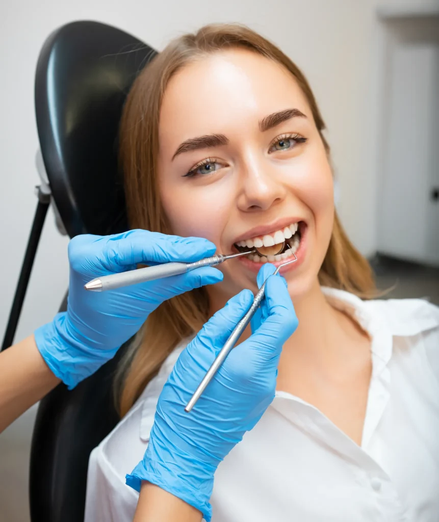 Female patient in dental chair while a dentist uses a probe and mirror to examine her teeth