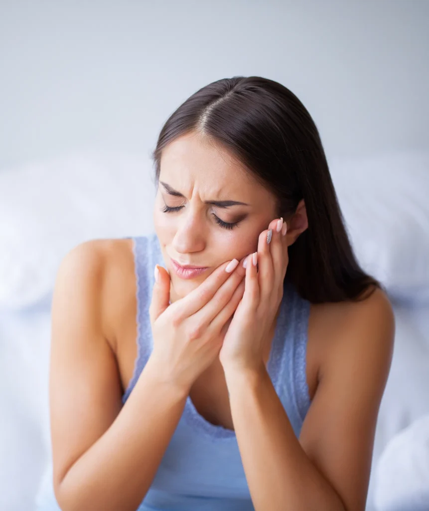 Woman sitting on a bed pressing both hands to her jaw and cheek in pain from teeth grinding discomfort