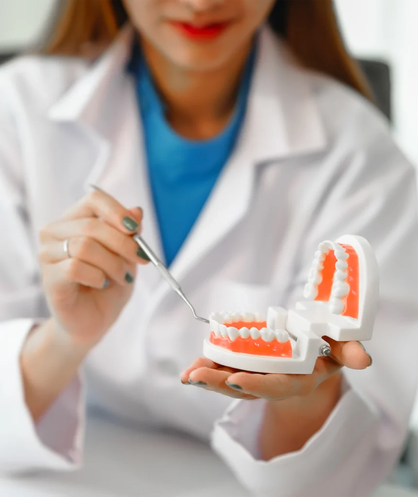 Dentist using a jaw model and dental scaler to explain periodontal maintenance care to a patient