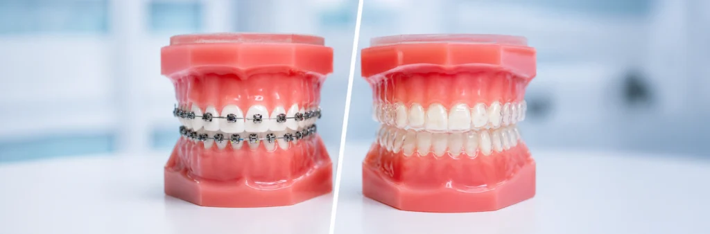 Comparison of dental models showing metal braces versus clear aligners