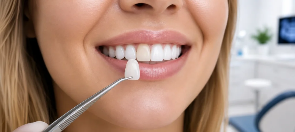 Dentist using tweezers to match a porcelain veneer shade to a smile.