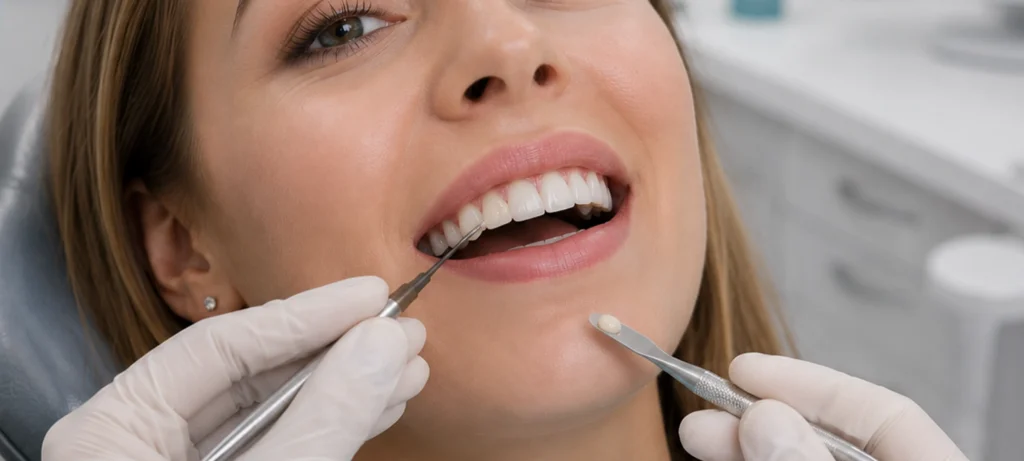 Dentist applying composite resin veneer to a patient's front tooth.