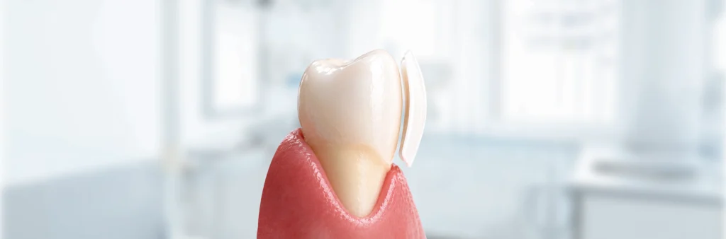 Model of a dental veneer being placed on a single human tooth.