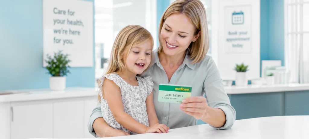 Mother and daughter smiling while holding a Medicare card
