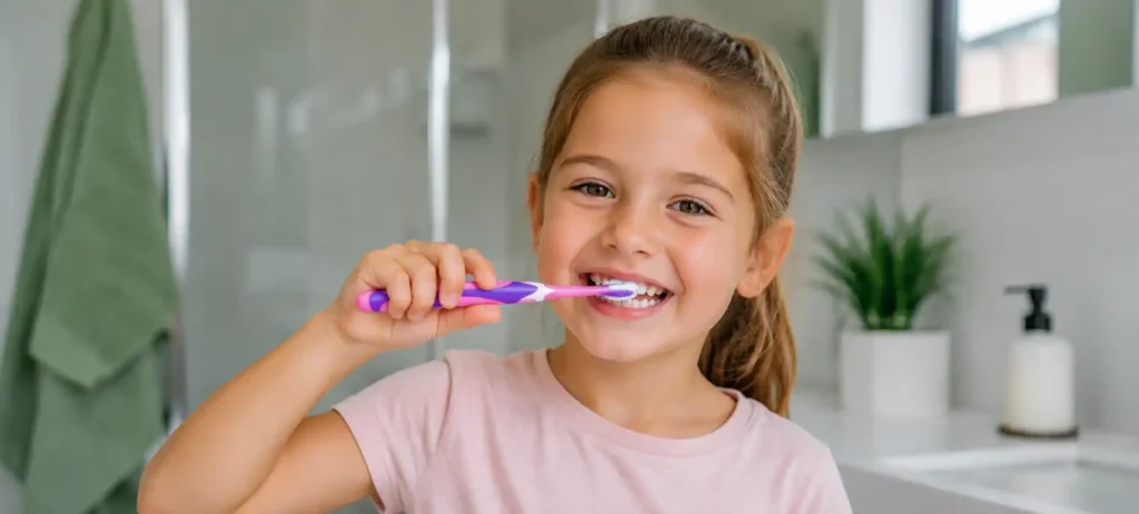 Girl brushing her teeth with a purple toothbrush in a bathroom