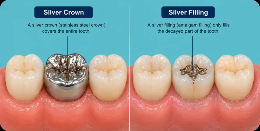 Silver crown covering a whole tooth compared with a silver filling in one tooth