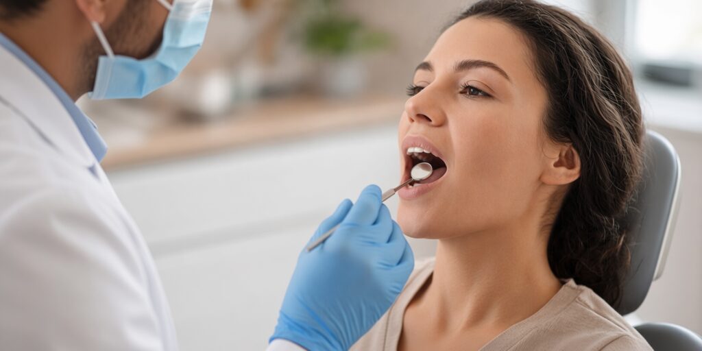 Dentist in mask and gloves examining a smiling patient's teeth with a dental mirror
