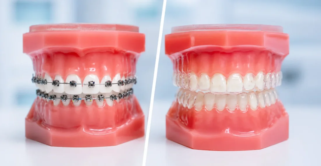 Comparison of dental models showing metal braces versus clear aligners