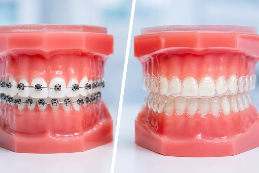 Comparison of dental models showing metal braces versus clear aligners