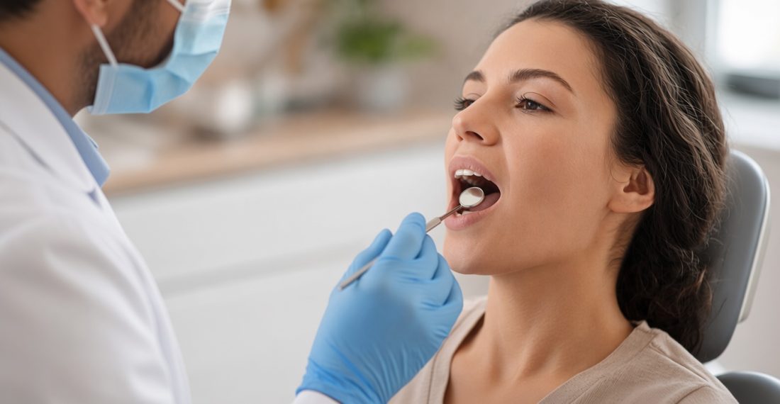 Dentist in mask and gloves examining a smiling patient's teeth with a dental mirror