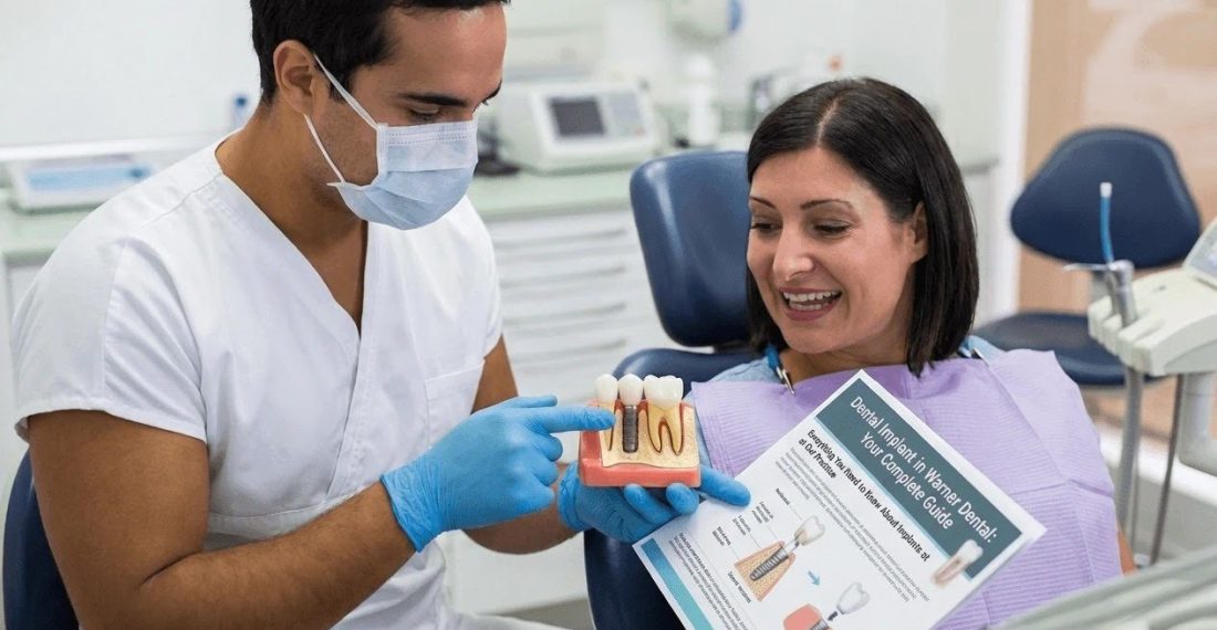 A dentist in scrubs and gloves explaining a dental implant procedure to a female patient, holding a model of a dental implant