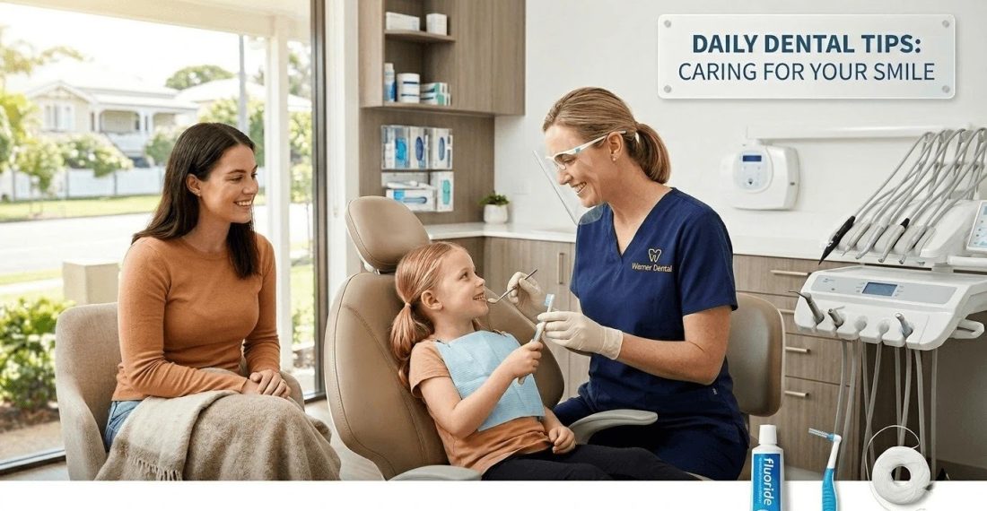 A friendly dentist performing a routine check-up on a young patient, demonstrating professional dental health care and tips