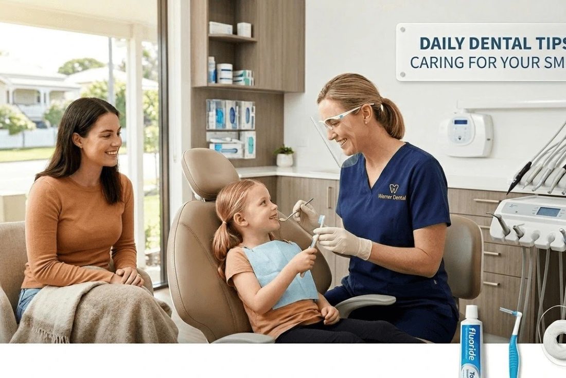 A friendly dentist performing a routine check-up on a young patient, demonstrating professional dental health care and tips