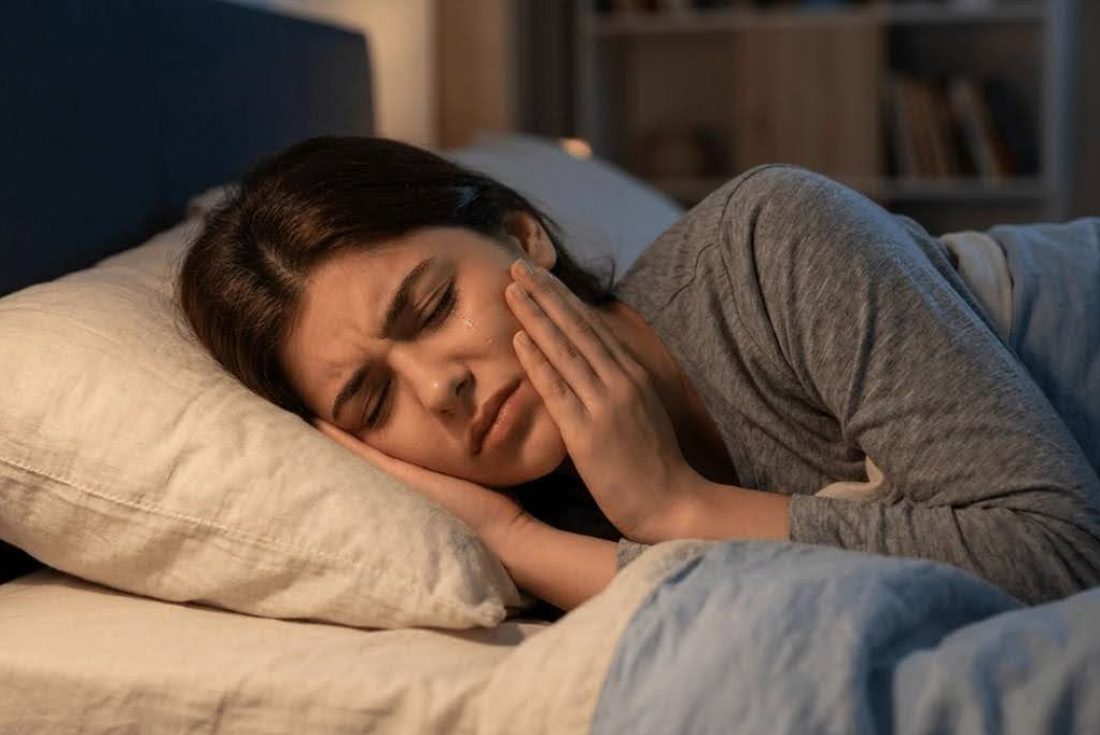 A woman lying in bed at night, looking distressed and holding her cheek in pain, indicating symptoms of a painful toothache.