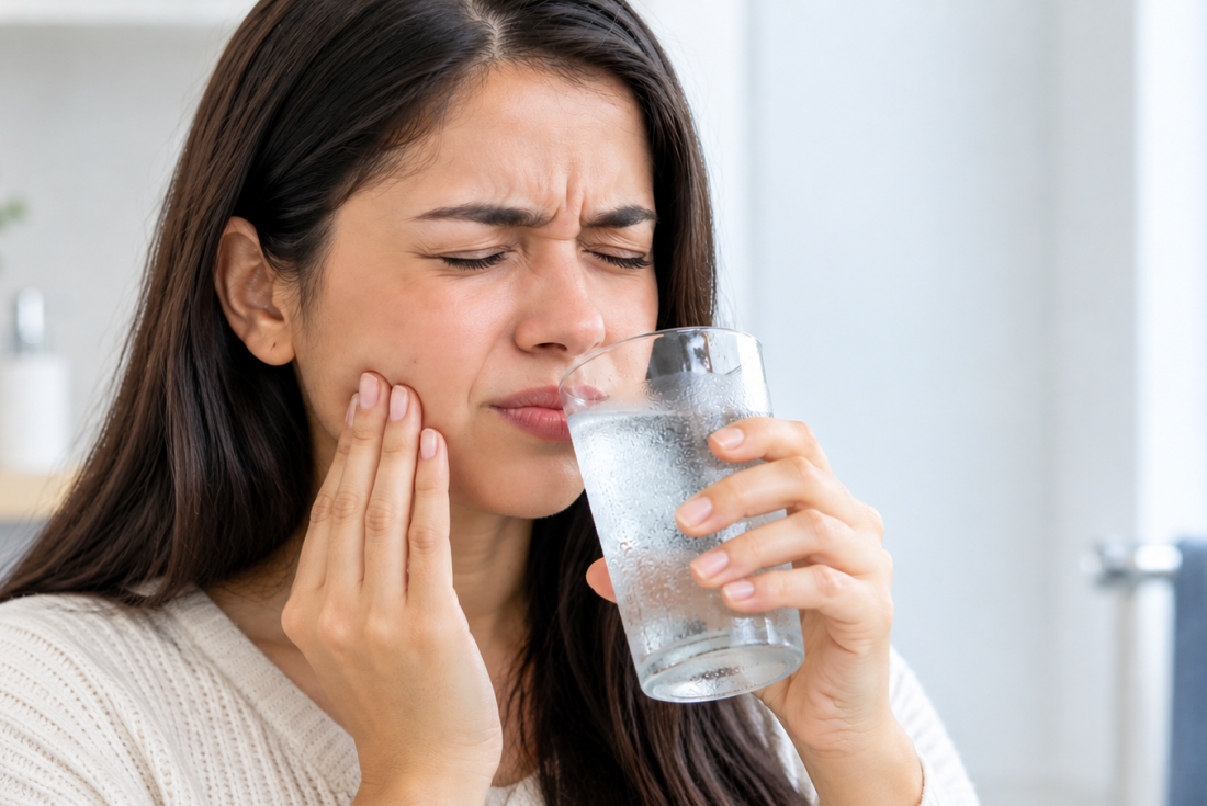Close-up of a woman brushing her teeth with a soft-bristled toothbrush
